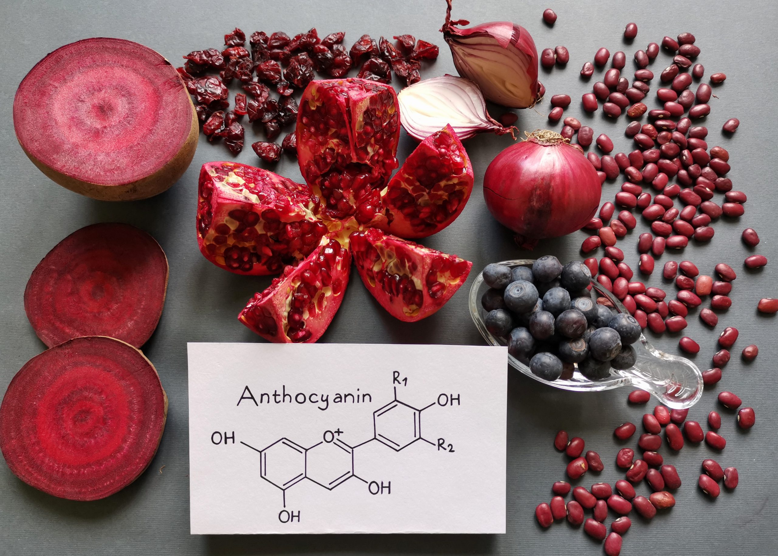 Healthy food rich in anthocyanins with general structural chemical formula of anthocyanins. Foods containing anthocyanins and antioxidants: beetroot, blueberry, cranberry, red onion, pomegranate, bean